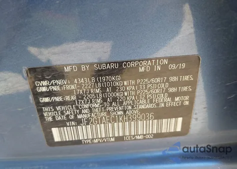 2019 Subaru Crosstrek 2.0I Premium z USA, uszkodzony, nr VIN JF2GTAEC1KH399036